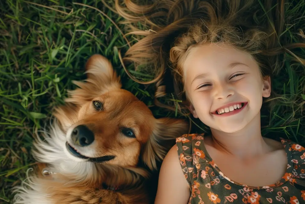 Girl with dog on grass